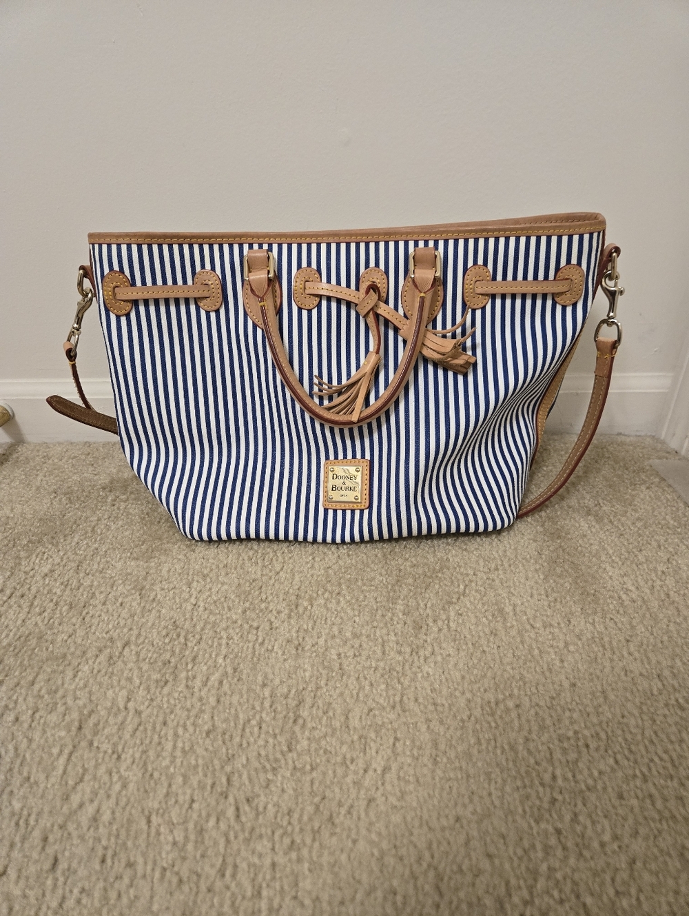 Dooney & Bourke Blue And White Striped Coated Canvas Tote Bag
